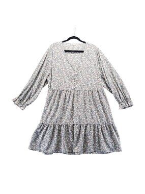 Jodifl Dress Womens 2X Gray Floral Long Sleeve Tiered Polyester Plus Size